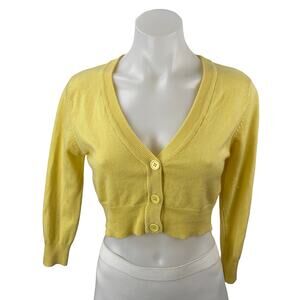 Mak Women's Yellow V Neck 3/4 Sleeve Button Down Crop Cardigan Sweater Top Sz L